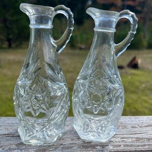 Vintage Set of 2 Clear Cut Glass 6.5" Anchor Hocking Cruets